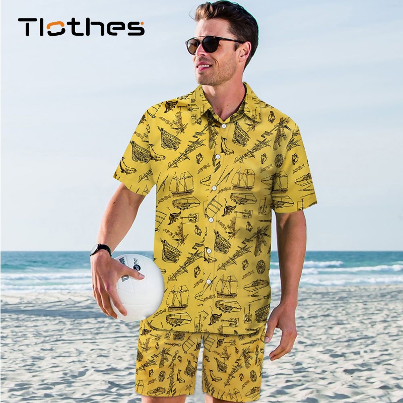 Summer Piece Set Men Sea Boat Print Hawaiian Shirts And Shorts Beach