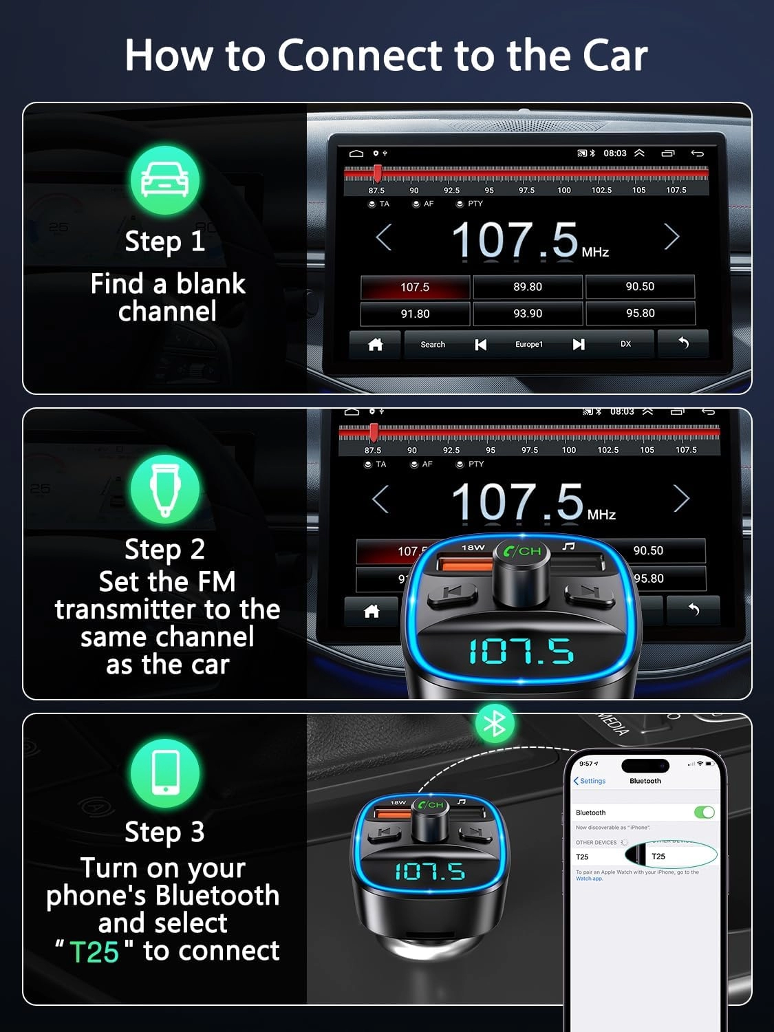 Trasmettitore FM Bluetooth 5.3, ORIA Trasmettitore Radio Wireless per Auto, Caricabatterie Rapido PD Tipo C 3.0, Chiamate in Vivavoce, Riproduzione Musicale Supporta Scheda TF, Disco USB