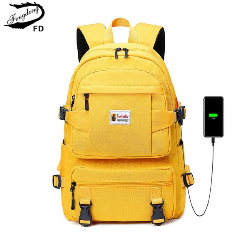Fengdong fashion yellow backpack children school bags for girls waterproof oxford large school