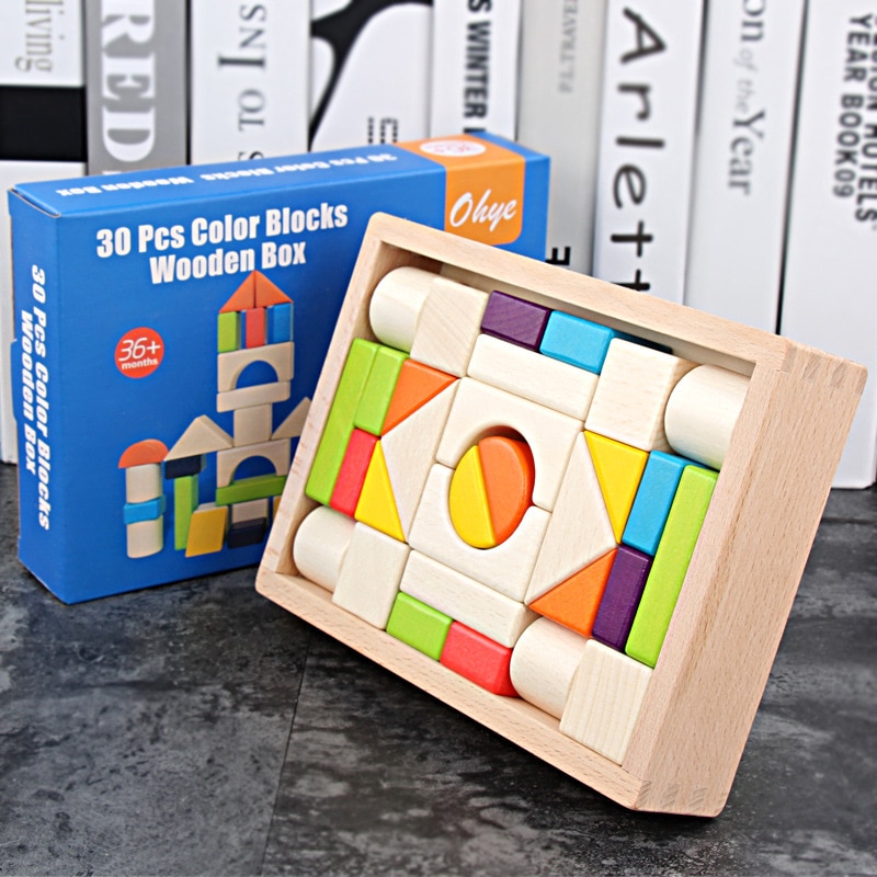 High quality wooden 30 pieces color wooden boxed wooden blocks children
