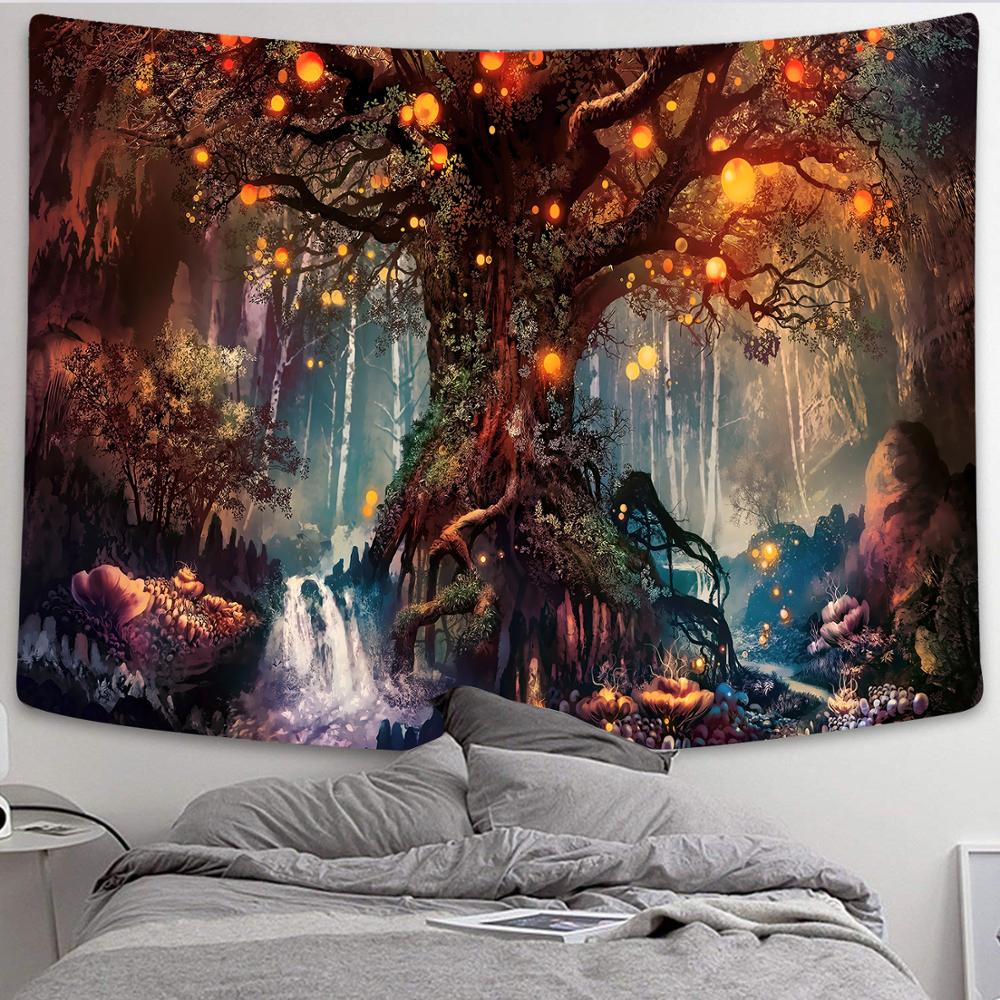 Simsant Mushroom Forest Castle Tapestry Fairytale Trippy Colorful