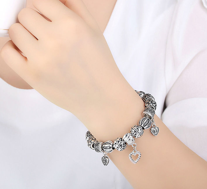 Silver Plated Charm Bracelet & Bangle Silver Plated With Heart Pendant ...
