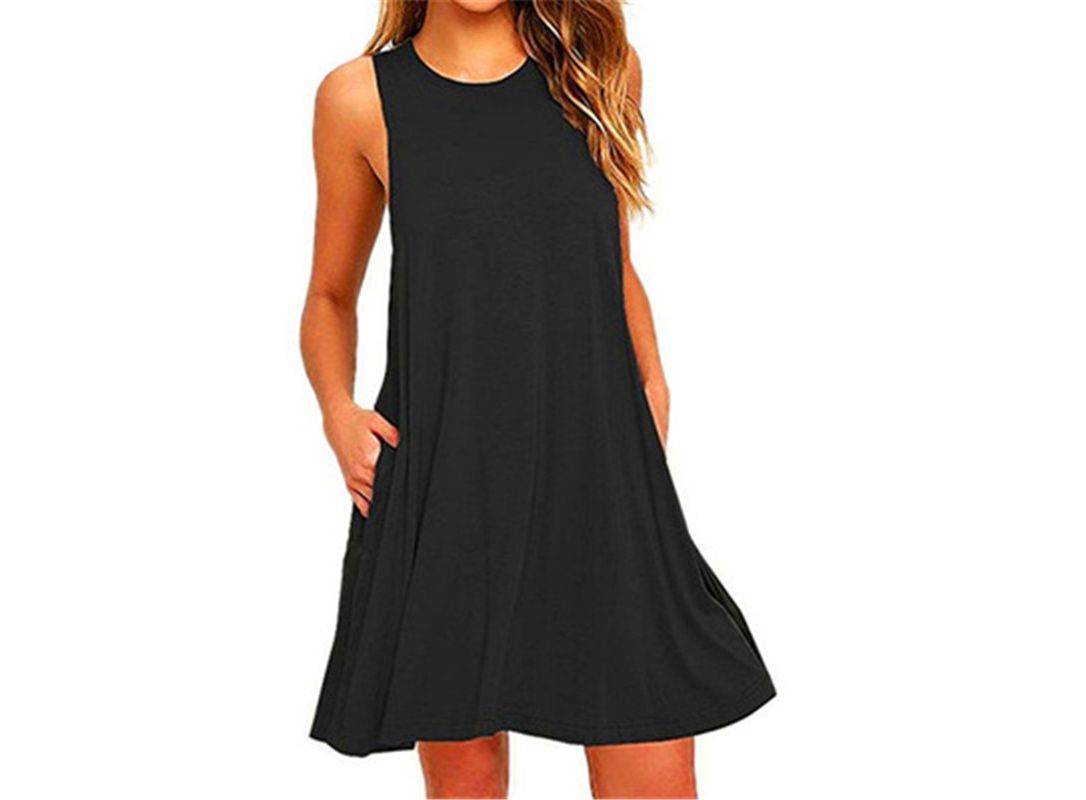 Summer Cotton Dress Women Sleeveless Beach Black Dress Casual Pocket ...