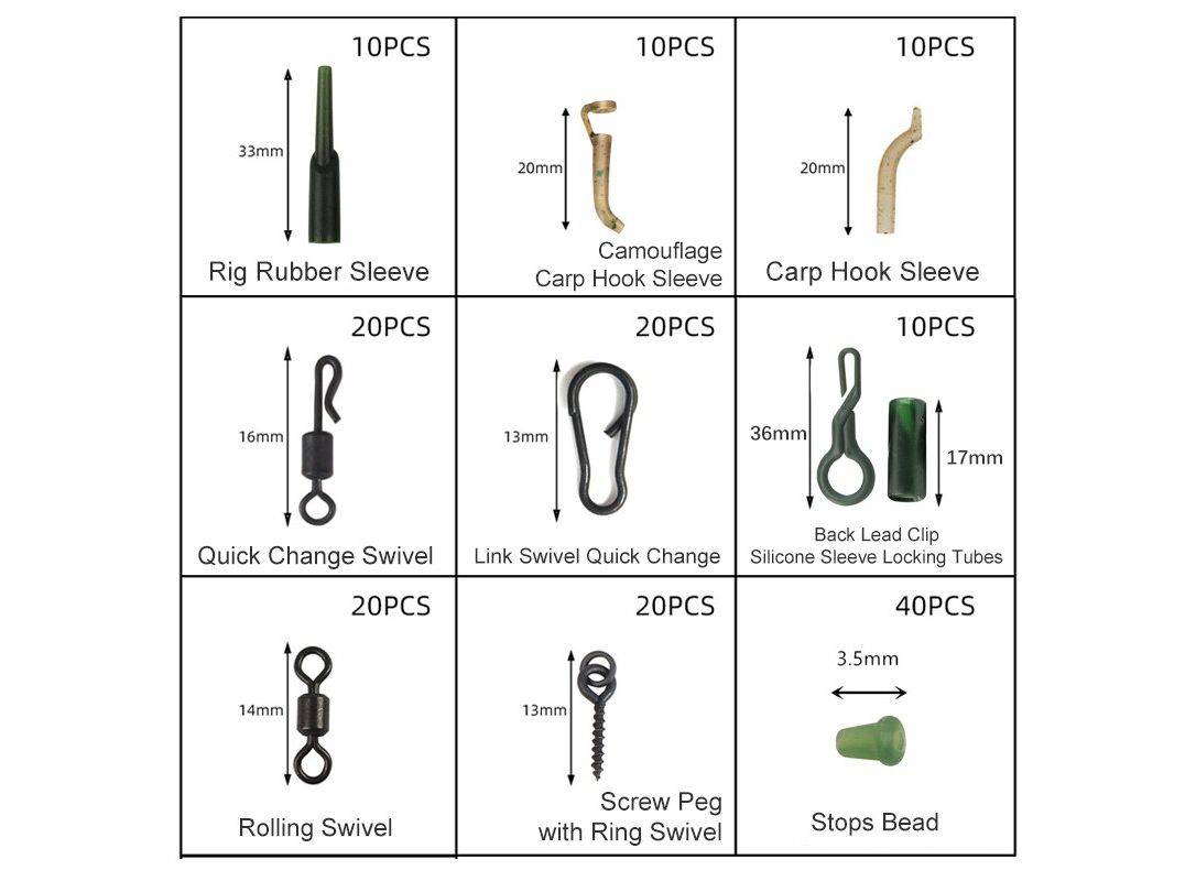 217pcs Carp Fishing Accessories Kit Hooks Lead Weight Tungsten Rig Rubber