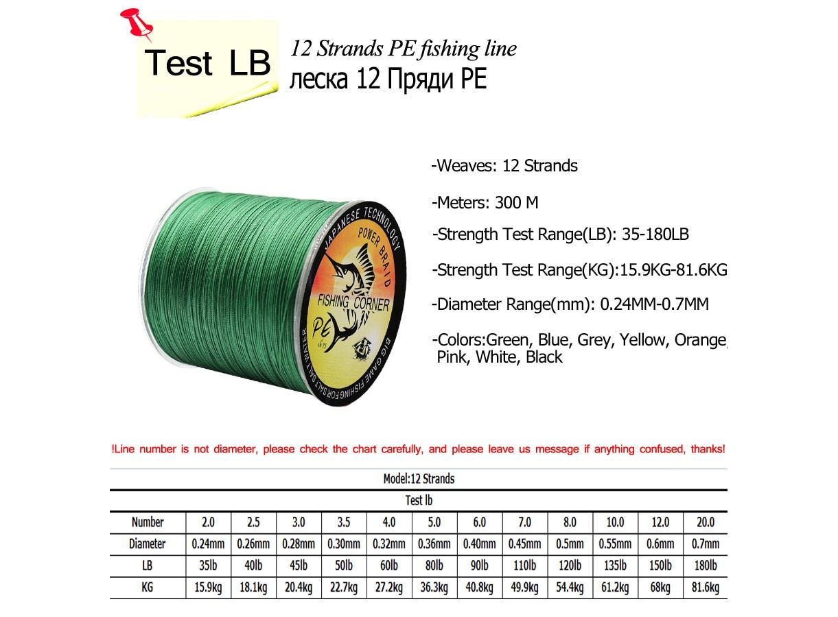 12 Strands Braided Fishing Line 300M PE Wire 35LB 180LB Multifilament  Fishing Line 8 Colors to Choose, Fishing Lines