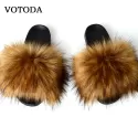WOMEN FUR SLIPPERS FURRY RACCOON SANDALS FAKE FOX FUR FLIP FLOPS HOME FUZZY