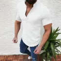 MEN'S V-NECK FLAX STANDING COLLAR SHORT SLEEVE T SHIRT BUTTON SOLID FASHION CLOTHES SUMMER  LOOSE TOPS SHIRTS