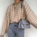 GEOMETRIC KHAKI KNITTED SWEATER WOMEN CASUAL HOUNDSTOOTH PULLOVER SWEATER GEOMETRIC KHAKI KNITTED SWEATER WOMEN CASUAL HOUNDSTOOTH PULLOVER SWEATER