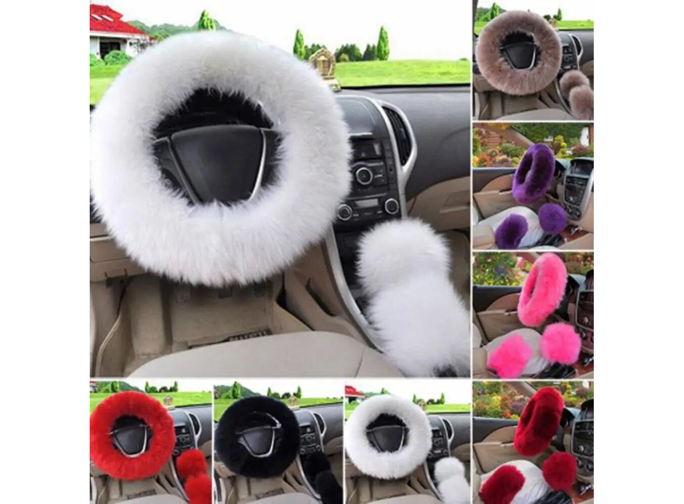 Grey & Black Plush Furry Steering Wheel Cover for 14 to 15