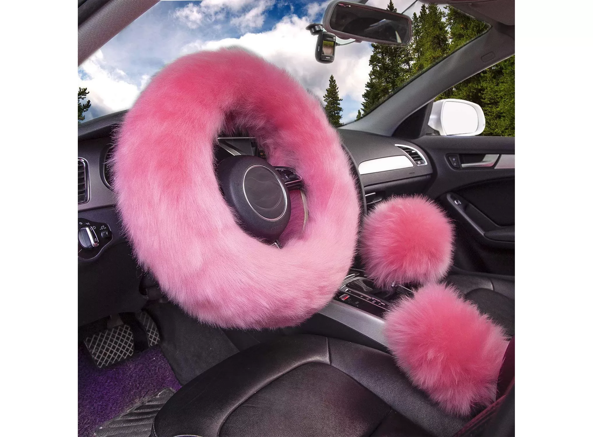 Set Fashion Fluffy Fuzzy Wool Fur Soft Car Steering Wheel Cover with Handbrake  Cover & Gear
