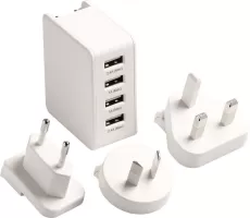 GO TRAVEL USB CHARGER PLUG, 4-PORT USB UNIVERSAL TRAVEL ADAPTOR, 4.4A WALL CHARGER WITH UK/USA/EU/AUS WORLDWIDE TRAVEL CHARGER ADAPTER FOR IPHONE, IPAD, ANDROID PHONES AND MORE
