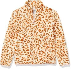 Amazon Essentials Girls' Sherpa Fleece Quarter-Zip Jacket, Ivory, Leopard, 6-7 Years