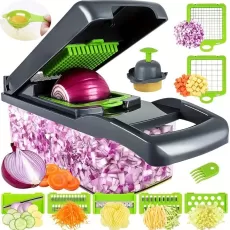 KITCHEN VEGETABLE CHOPPER, 13-IN-1 FOOD CUTTER WITH 8 STAINLESS STEEL BLADES AND CONTAINER
