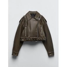 WOMEN VINTAGE LOOSE PU FAUX LEATHER SHORT JACKET WITH BELT STREETWEAR FEMALE ZIPPER