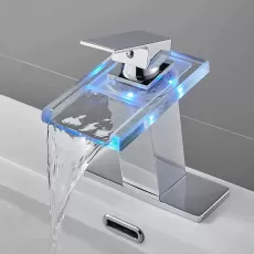 LED Waterfall Bathroom Faucet, Chrome Modern Single Handle Bathroom Faucets for 1/3 Hole Sink, Vanity Mixer Tap w/Deck, Pop-up Drain, Supply Hoses & Light Color