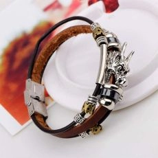 AIMYS MENS VINTAGE LEATHER WRIST BAND BROWN ROPE MULTILAYER TIBETAN SILVER MEN