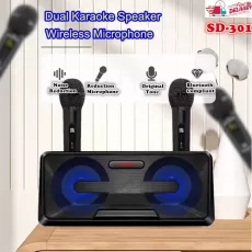 PROFESSIONAL WIRELESS MICROPHONE - DUAL MICROPHONE SYSTEM - HANDHELD WIRELESS MICROPHONE - SD-301 SPEAKER - KARAOKE SPEAKER WITH MICROPHONE
