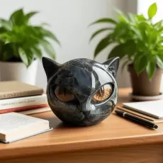 DECORATIVE BLACK CAT STONE FIGURINE - RESIN CAT HEAD HEALING STONE ORNAMENT FOR HOME & OFFICE