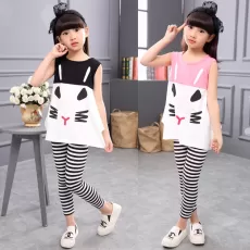 CHILDREN CLOTHING CARTOON VEST STRIPE LEGGING 2PCS GIRLS SUITS COTTON SUMMER KIDS CLOTHES FOR GIRLS