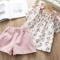 GIRLS CLOTHING SETS CHILDREN CLOTHES CUTE  DOTS LACE + BOW SHORT PANTS