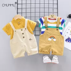 SUMMER BABY SHORT SLEEVE CLOTHING BOYS AND GIRLS COTTON TRACKSUIT STRIPED