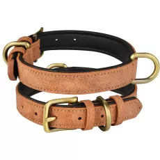 LEATHER DOG COLLAR ADJUSTABLE DOUBLE D-RING DOG CONTROL SMALL MEDIUM LARGE DOGS