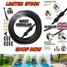 EXTSUD MIST COOLING SYSTEM, ADJUSTABLE DIY IRRIGATION OUTDOOR SPRINKLER HOSE KIT, 6M MISTING LINE WITH 7 MIST NOZZLES FOR GREENHOUSE PLANT, FLOWER BED, PATIO, LAWN, PADDLING POOL PARASOL FAN