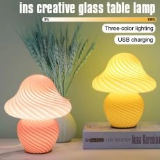 LED Mushroom Night Light Creative Aesthetic Stripe Glass Desk Lamp USB Plug