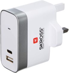 Skross UK USB Travel Charger with Type C Port, USB Charger along with Type C Port for Super Fast Charging, Designed in Switzerland for more than 50 Countries, 2.800132 White