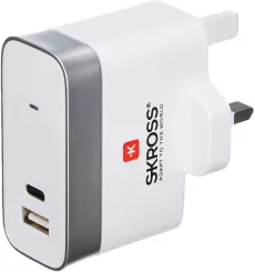 SKROSS UK USB TRAVEL CHARGER WITH TYPE C PORT, USB CHARGER ALONG WITH TYPE C PORT FOR SUPER FAST CHARGING, DESIGNED IN SWITZERLAND FOR MORE THAN 50 COUNTRIES, 2.800132 WHITE