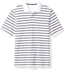 Amazon Essentials Regular-Fit Cotton Pique Polo Shirt, White/Navy, Stripes, XS	