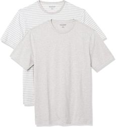 Amazon Essentials 2-pack Slim-fit Crewneck T-shirt, Light Heather Grey-white Stripe/Light Heather Grey, S	