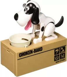 HUNGRY HOUND COIN BANK ROBOT DOG COIN EATING DOG BOX WHITE SPOT,