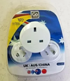 TRIPLE PACK "GO TRAVEL" TRAVEL ADAPTOR,  UK > AUSTRALIA / CHINA, EARTHED ADAPTOR.