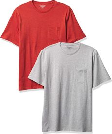 Amazon Essentials 2-pack Loose-fit Crewneck Pocket T-shirt, Orange Heather/Light Heather Grey, S	