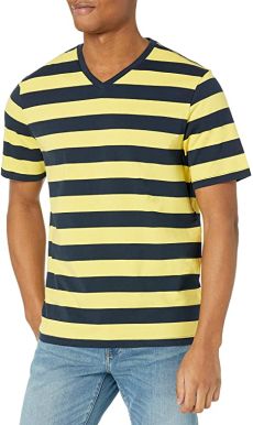 Amazon Essentials 2-pack Loose-fit V-neck T-shirt, Yellow and Navy Rugby Stripe/Grey Heather, M	