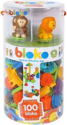 BLOKO - 503618 - TUBE OF 100 WITH 4 3D JUNGLE FIGURES - FROM 12 MONTHS - MADE IN EUROPE - BUILDING TOY