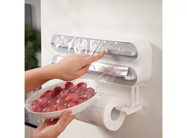 MAGNETIC PLASTIC WRAP DISPENSER WITH CUTTER - REFILLABLE ALUMINUM TIN FOIL AND PLASTIC WRAP ORGANIZER FOR KITCHEN
