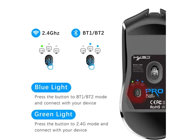 RECHARGEABLE WIRELESS MOUSE BLUETOOTH MOUSE - LED, 3 ADJUSTABLE DPI, BLUETOOTH SWITCH