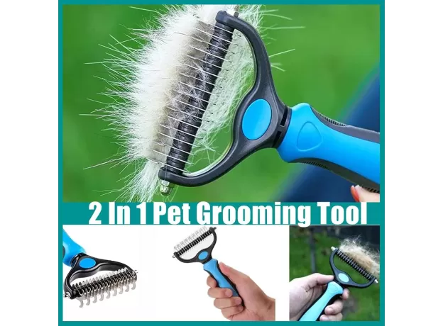 2 IN 1 PET GROOMING TOOL DEMATTING COMB FOR DOGS & CATS 2 SIDED UNDERCOAT RAKE DESHEDDING TOOL CAT MATTED FUR REMOVER FOR LONG HAIRED CAT DOG TANGLES REMOVING（BLUE）