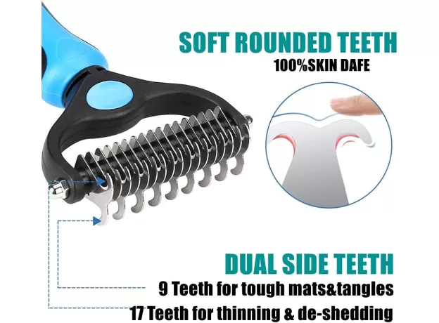 2 IN 1 PET GROOMING TOOL DEMATTING COMB FOR DOGS & CATS 2 SIDED UNDERCOAT RAKE DESHEDDING TOOL CAT MATTED FUR REMOVER FOR LONG HAIRED CAT DOG TANGLES REMOVING（BLUE）