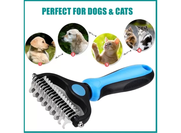 2 IN 1 PET GROOMING TOOL DEMATTING COMB FOR DOGS & CATS 2 SIDED UNDERCOAT RAKE DESHEDDING TOOL CAT MATTED FUR REMOVER FOR LONG HAIRED CAT DOG TANGLES REMOVING（BLUE）