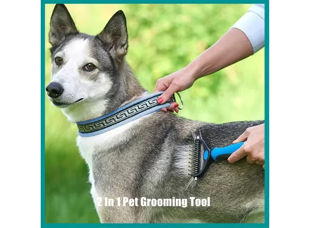 2 IN 1 PET GROOMING TOOL DEMATTING COMB FOR DOGS & CATS 2 SIDED UNDERCOAT RAKE DESHEDDING TOOL CAT MATTED FUR REMOVER FOR LONG HAIRED CAT DOG TANGLES REMOVING（BLUE）