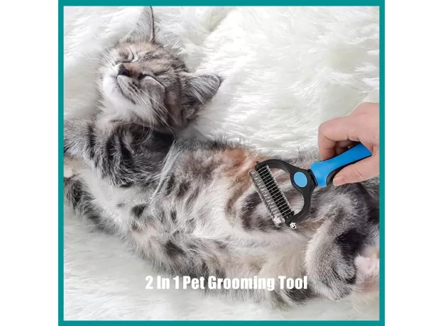 2 IN 1 PET GROOMING TOOL DEMATTING COMB FOR DOGS & CATS 2 SIDED UNDERCOAT RAKE DESHEDDING TOOL CAT MATTED FUR REMOVER FOR LONG HAIRED CAT DOG TANGLES REMOVING（BLUE）