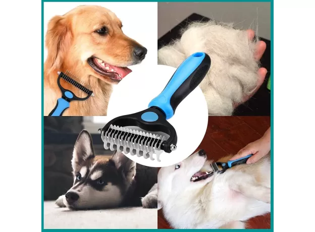 2 IN 1 PET GROOMING TOOL DEMATTING COMB FOR DOGS & CATS 2 SIDED UNDERCOAT RAKE DESHEDDING TOOL CAT MATTED FUR REMOVER FOR LONG HAIRED CAT DOG TANGLES REMOVING（BLUE）