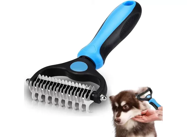 2 IN 1 PET GROOMING TOOL DEMATTING COMB FOR DOGS & CATS 2 SIDED UNDERCOAT RAKE DESHEDDING TOOL CAT MATTED FUR REMOVER FOR LONG HAIRED CAT DOG TANGLES REMOVING（BLUE）