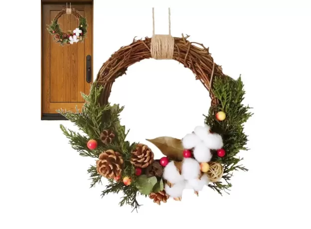 CHRISTMAS WREATH FRONT DOOR WALL HANGING RATTAN ARTIFICIAL FLOWERS RED BERRY VENUE LAYOUT