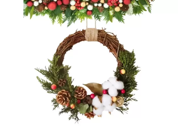 CHRISTMAS WREATH FRONT DOOR WALL HANGING RATTAN ARTIFICIAL FLOWERS RED BERRY VENUE LAYOUT