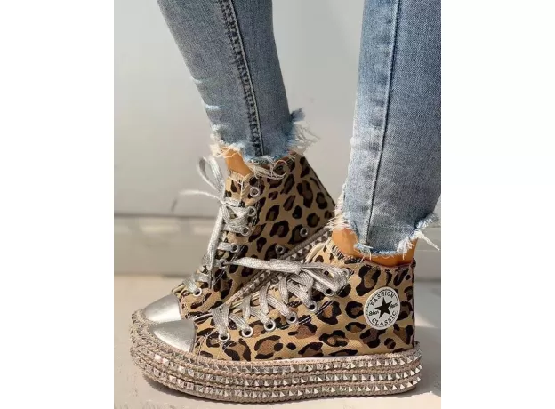 2020 WOMAN SPRING LEOPARD PRINT CANVAS FASHION SNEAKERS RHINESTONE SEQUIN