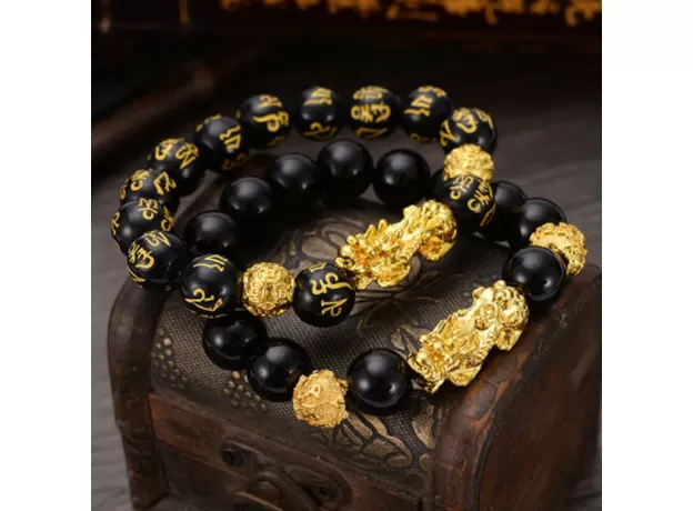 FENG SHUI BLACK OBSIDIAN WEALTH BRACELET - GOLD PIXIU UNISEX WRISTBAND